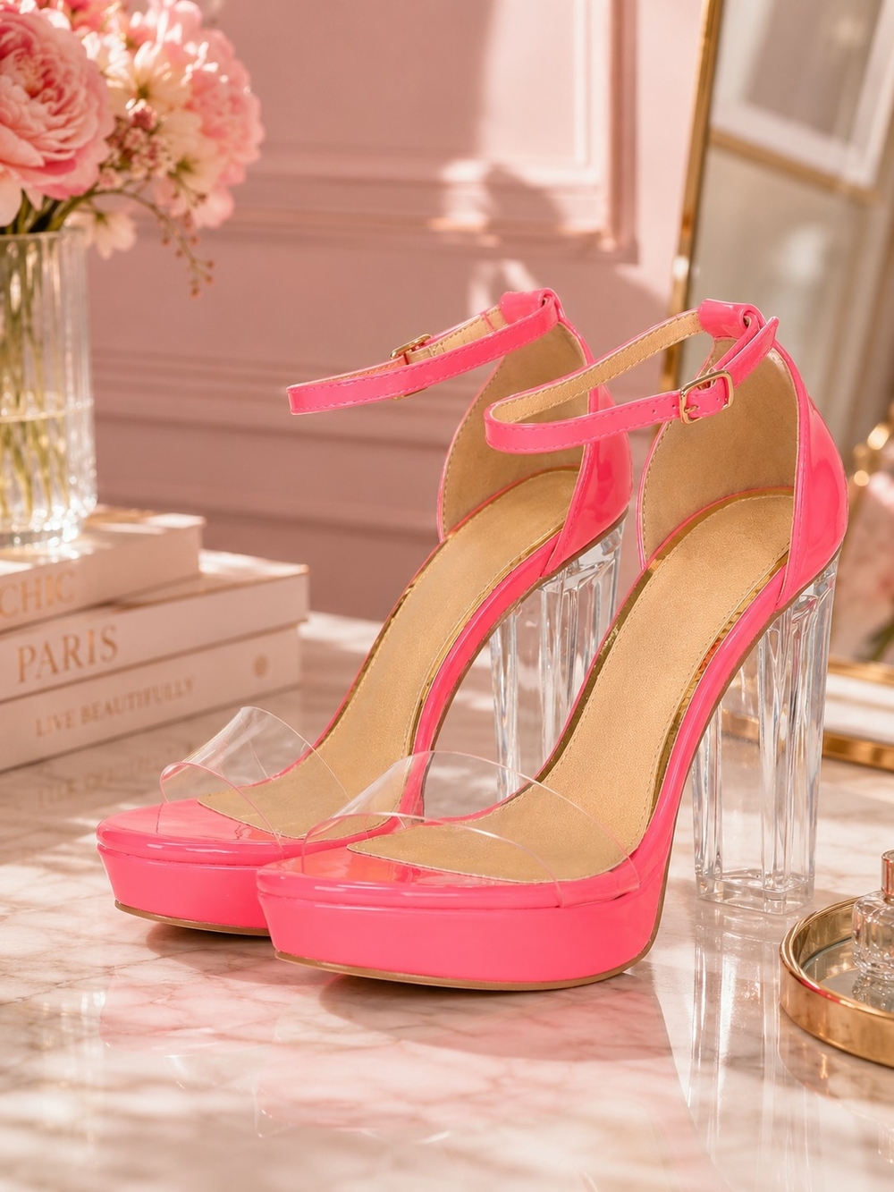 KAYLEEN By Los Angeles Hot Pink Clear Block Platform Heels